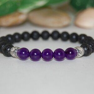 Lava Bracelet,Lava and Amethyst Beads,Black and Purple Bracelet